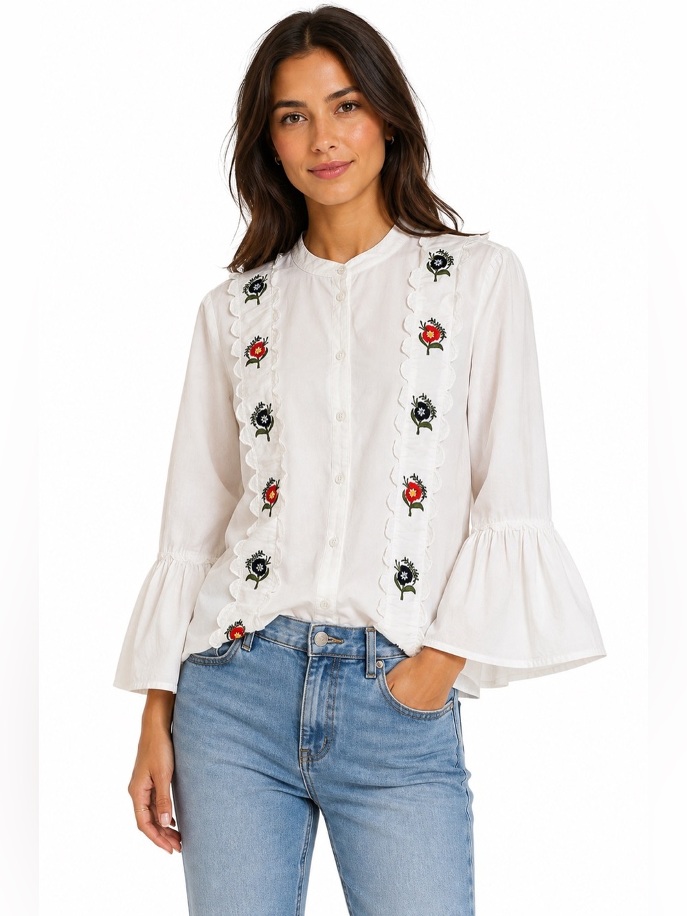 Topshop ($75) Embroidered Cotton Bell-Sleeve Blouse - PTP 21